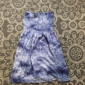 blue strapless mini dress with elastic top.